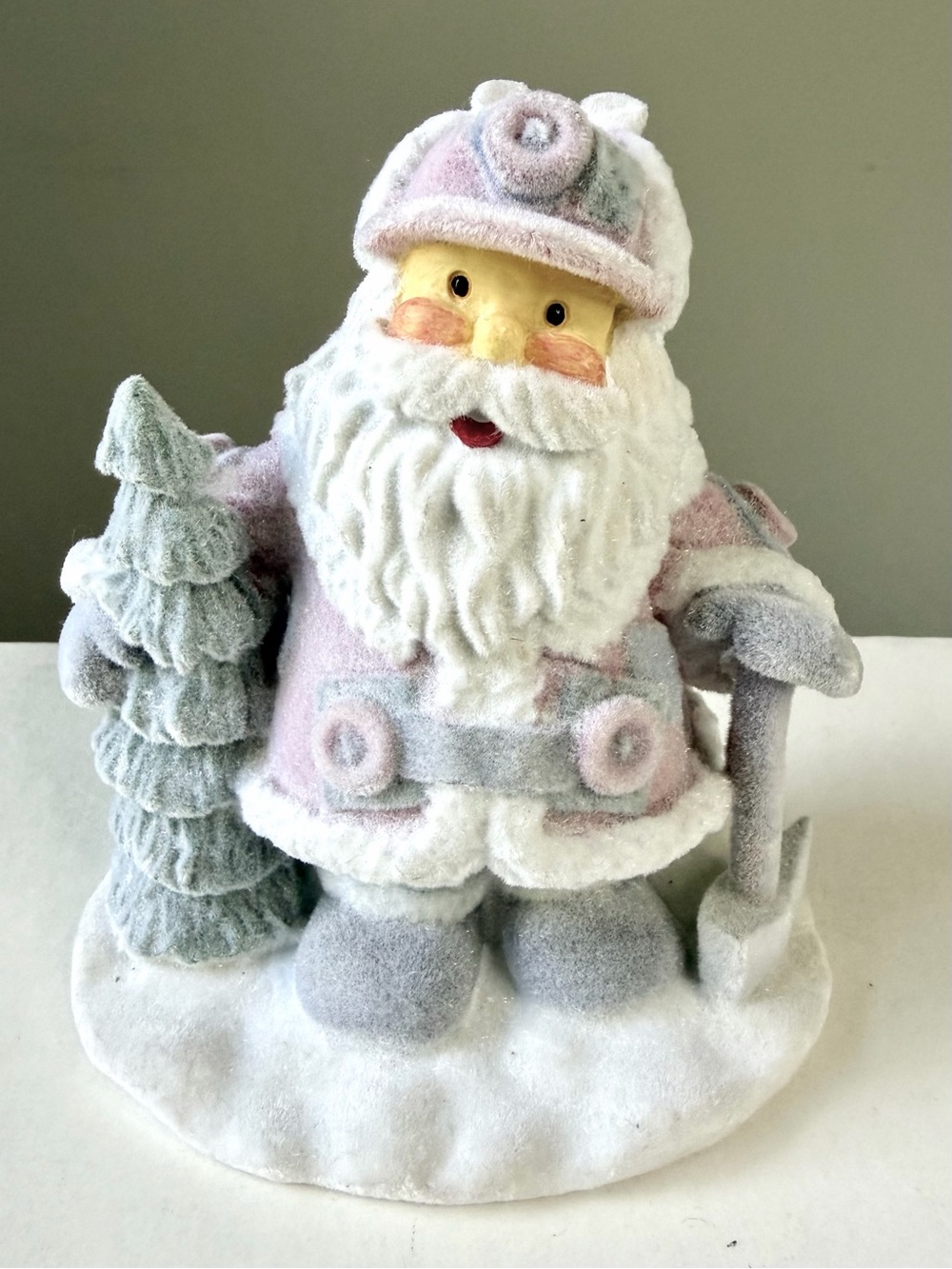 Vintage Flocked Santa Figurine Pastel Colors Christmas Holiday Winter Snow Decor